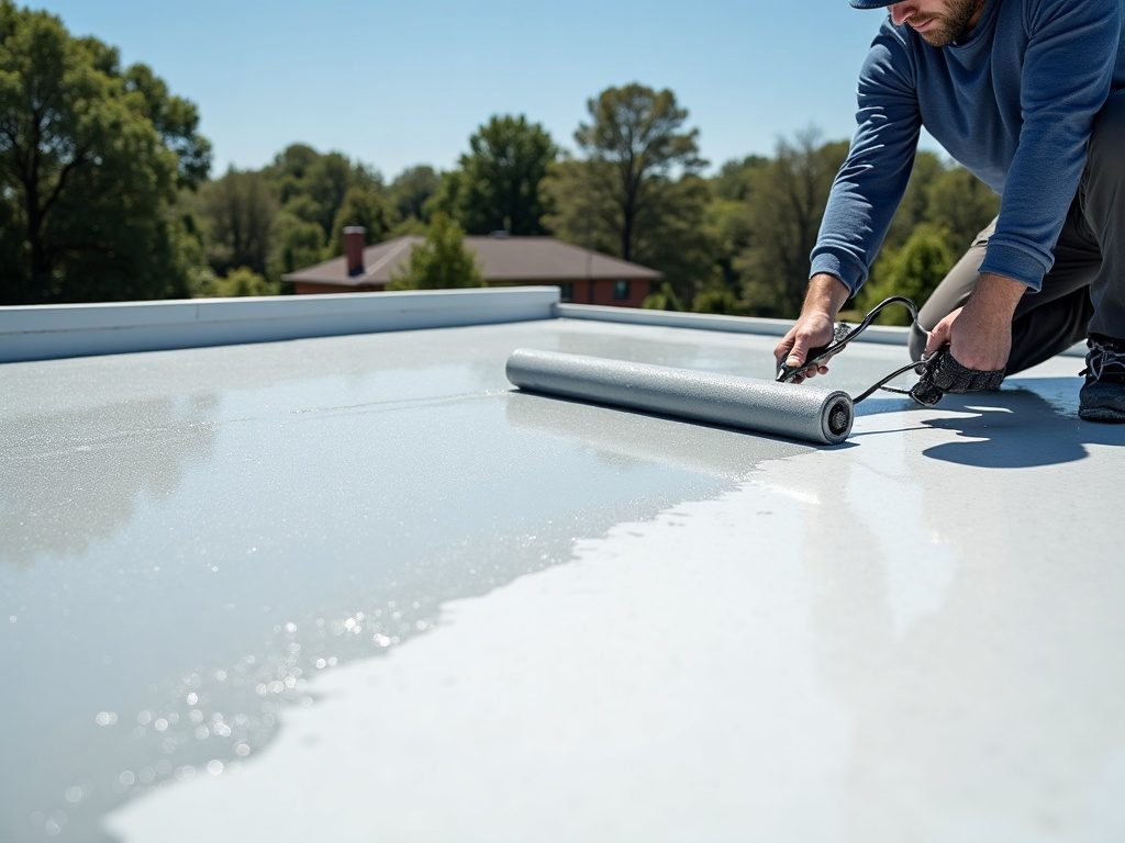 Waterproof roof coating being rolled onto a flat roof